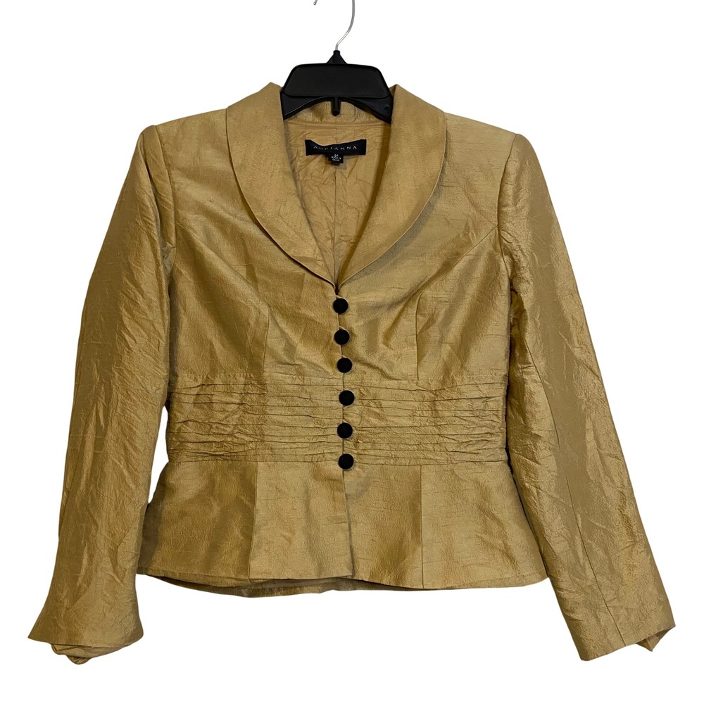 Adrianna Papell Gold 100% Silk Blazer Jacket Petite 2P Pleated Waist Formal